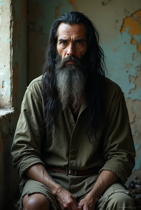 Long black-haired white man with a full beard crippled one-armed light brown eyes sitting in an old place