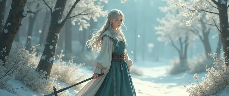  a Norwegian charcoal gray wool gown and 、Spring scenery、Anime Images、 full body image 、  full body view、 elegant pale Elegant loose waves with 、 beautiful８ year old girl, Family Runes, like,  embroidered with healing and protection ,  with knee-high stock...