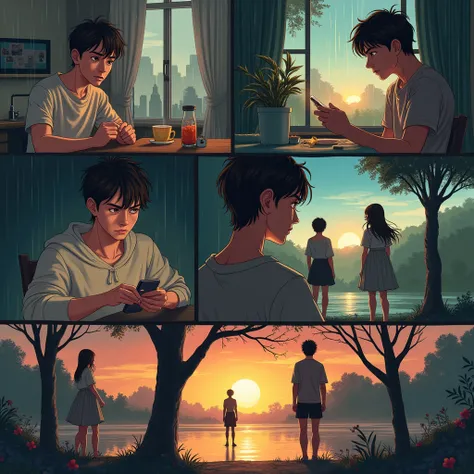 **Prompt:**  
"Create a detailed anime-style artwork depicting the emotional journey of Mark, a young man who discovers his fiancée Sarah never loved him. The scene should capture key moments: a rainy kitchen where Sarah confesses her betrayal, Mark’s shoc...