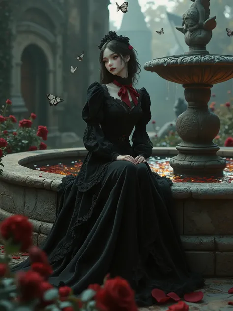 A hyperrealistic depiction of a beautiful Victorian-inspired Gothic doll sitting gracefully on the edge of a weathered fountain in a mystical garden. She wears a flowing, black velvet long dress with intricate lace details, a high neckline, and puffed slee...