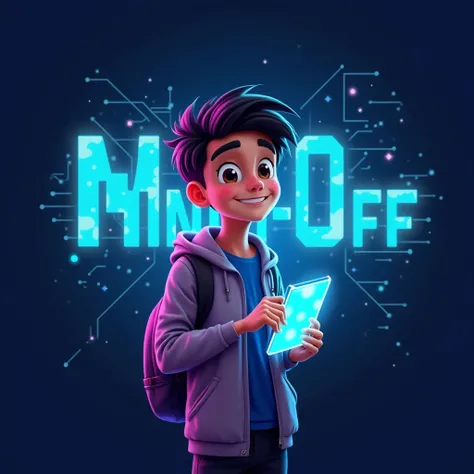 Main Focus:
Your young boy character (as previously described) should be at the center, smiling with his hands in his pockets, radiating a relaxed yet adventurous vibe. He could be holding a glowing AI gadget, like a futuristic tablet or holographic screen...