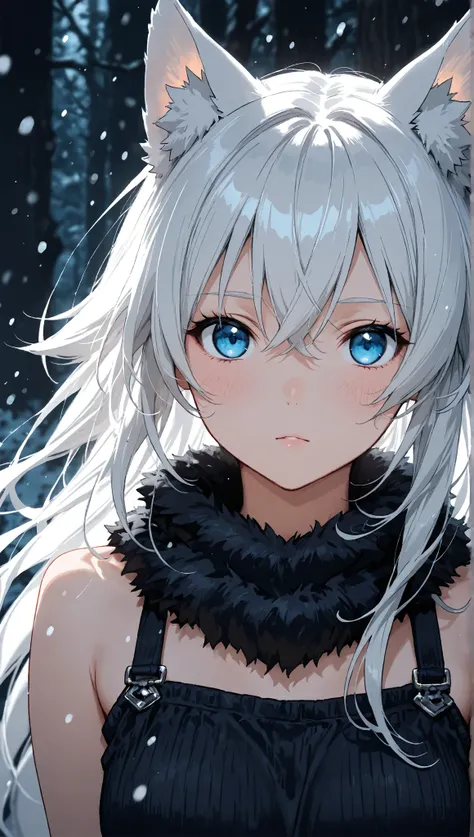 1girl, White Hair, Wolf Ears, Blue eyes, 