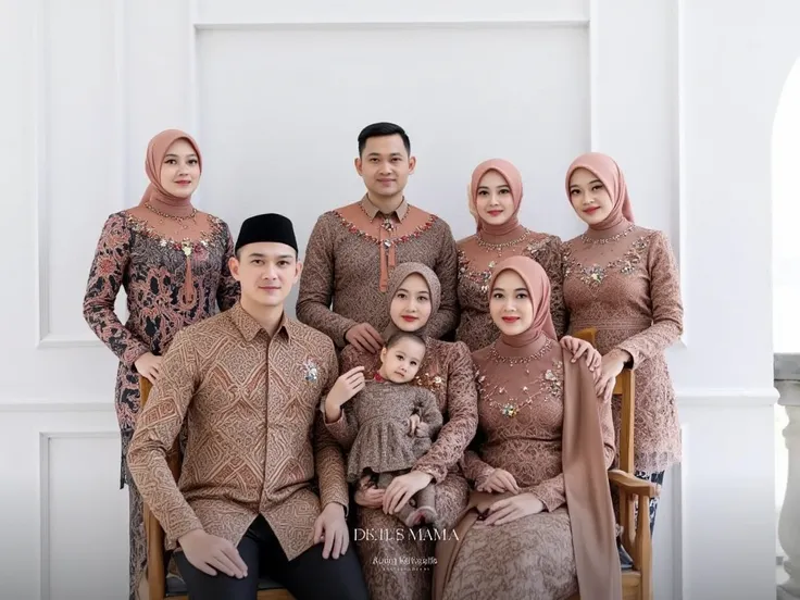 A stunning 8K UHD close-up indoor studio photograph of indonesian family, seven member. a 59-year-old slightly chubby father, wearing Short Sleeves brown batik and black pant, wearing black cap. a 45-year-old slightly chubby mother wearing brown kebaya wit...