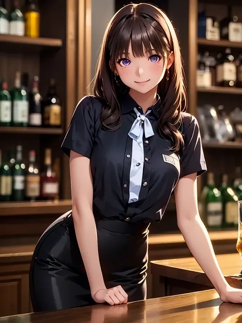  High Definition ,In 8K,  top quality ,  Details,  semi-realistic anime  , D-anime style  ,  Smooth Anime CG  ,  one girl ,  19-year-old Japanese woman on a luxury liner  , (( beauty)),  slim,modeling,(( Round Glowing Eyes  )),((  Wavy hair )),(((  Bar Cou...