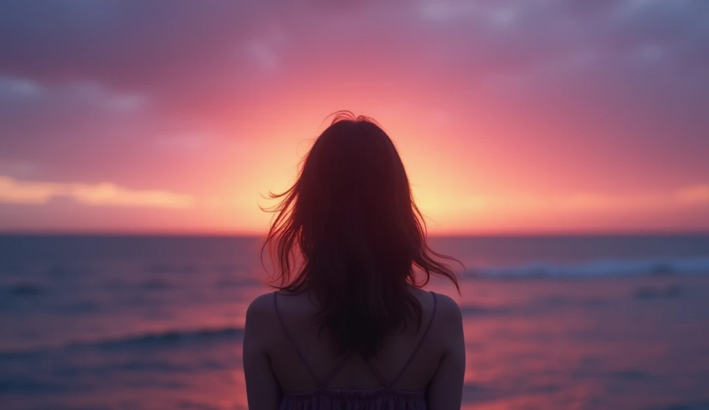 (photorealism:1.2), "A highly detailed and realistic cinematic photograph of a woman standing alone, gazing at the vast ocean during a mesmerizing twilight sunset. The sky blends rich hues of deep purple, pink, and soft blue, fading into the horizon. Her s...