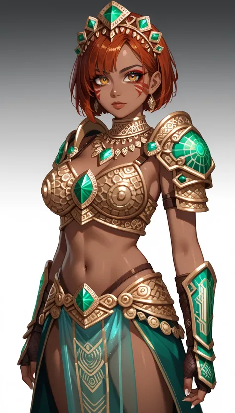 Solo, dark skinned girl, really short hair, spiked hair, auburn hair, golden eyes, Intricate Gemstone Mask, Emerald Headdress, ((Intricate Emerald Armor, Holographic Chainmail)), Tribal Makeup, Jeweled golden necklaces, Jeweled gauntlets, ((eye focus)), ((...