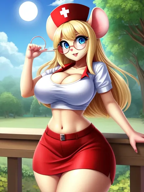 Busty Blonde high school nurse mouse girl, half-moon glasses, ((best quality)), ((masterpiece)), (detailed), perfect face, blue eyes, big breasts, midriff, hourglass figure, wide hips