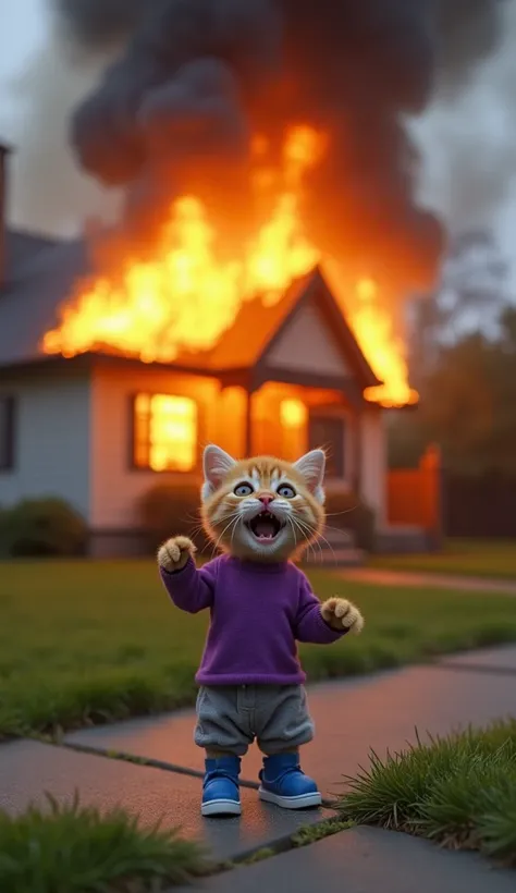 {
  "prompt": "A small orange kitten wearing a purple shirt, gray pants, and blue shoes, standing upright like a human, crying and looking shocked as it stares at its house engulfed in flames. The kitten has wide, teary eyes and its hands are raised slight...