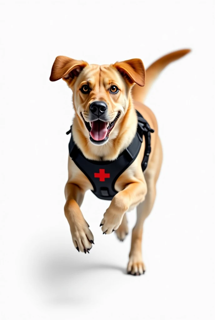 Labrador rescue dog from eye run-jump in the photo.  The dog should have a simple red cross harness. The harness should NOT have an inscription ! photorealistic,  a realistic sharp image ,  white background .