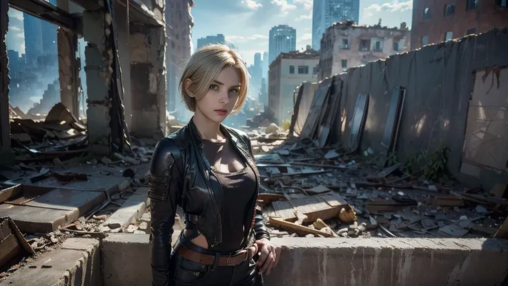  masterpiece,  high resolution,8K,( Portrait Photos:1.5),(R Original Photo),Reality,Digital Photography,(Ruins of the Apocalypse  ),City ruins， Ruined Buildings，Urban Battlefield ，A 20 year old beautiful woman， short hair，Shut up，  post-apocalyptic scene ，...