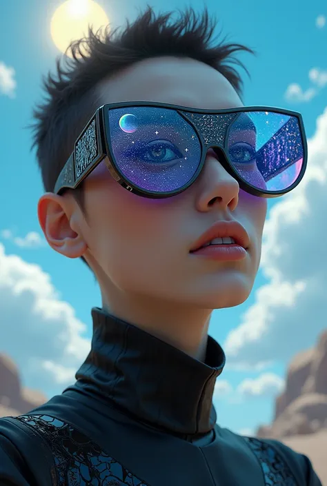 The model is wearing glass sunglasses with stars and the moon on the glass