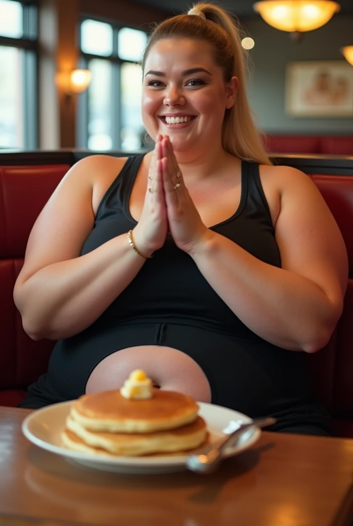 Beautiful plus size model wearing extremely skin tight athletic outfit with belly button showing, 1000lbs and sitting down at a table, excited and clapping her hands in front of a plate of pancakes, largest woman in the world and her belly takes up the siz...