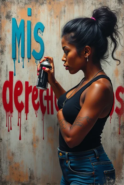 Generate graffiti on wall, dark woman painting with the word MIS DERECHOS
