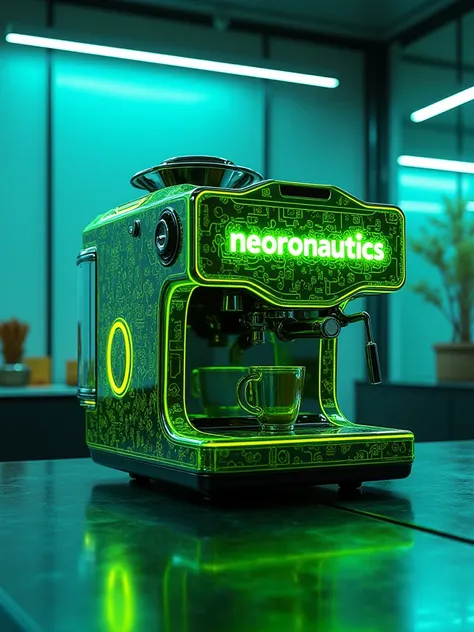 multilayer airbrushing is written  "Neoronautics"  on a neon green coffee machine 