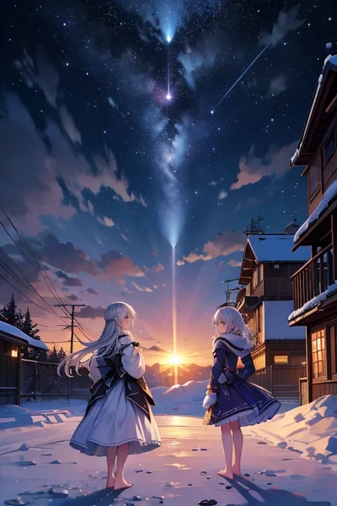  high quality, 最 high quality,  cute, dirty ,sweat,,snow,Backstreets,  upper eye care,  Small Boobs,delicate,  Silver Hair, dirty tattered dress,  barefoot,winter,dim,  knight ,  nothing ,poor,poor,cloudy,  diverts gaze, View from the back ,  darkness、Mete...