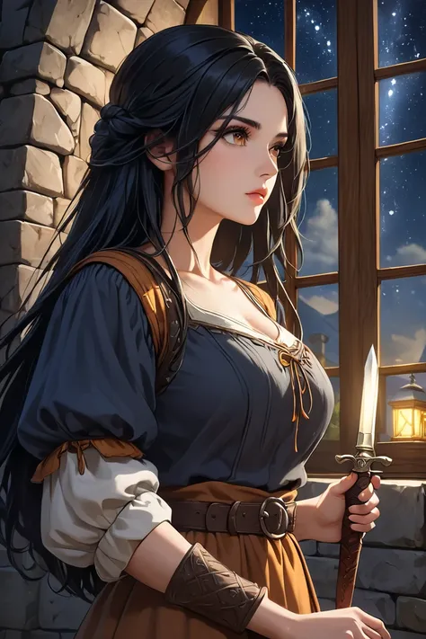  (masterpiece, best quality, 8k, high definition), whole body, 1 adult woman, long black hair, Mid-chest, bright amber eyes, soft lips, beautiful face, natural light, detailed background, Detailed Illustration Art, wearing medieval peasant garb, gazing out...