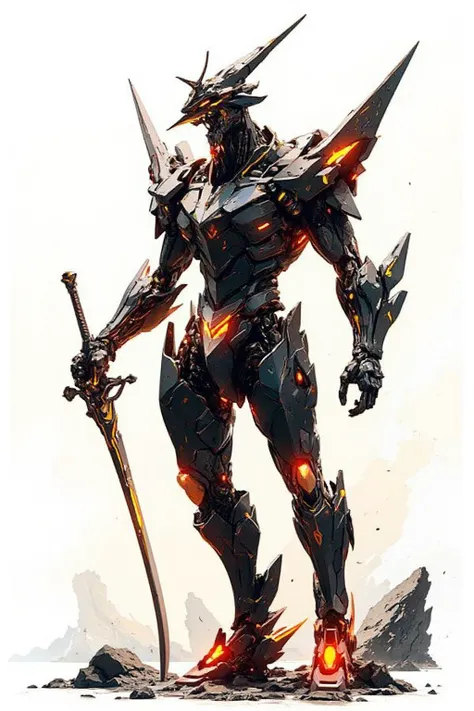  white background , yellow and red highlights, A body shape close to a human, Mouth-shaped seams on the face, one-pronged horn,  on it, Immortal sword without a blade, Orthogonal exterior