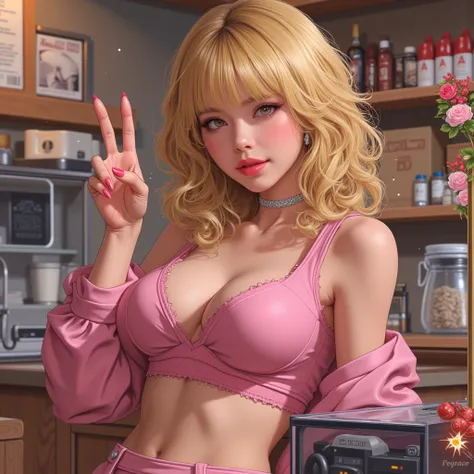 woman, half american, half japanese, gyaru, waifu, cute, peace sign, glitter, big breasts, crop top, dyed blonde hair, pouty lips, shiny pink nails, cute, works in a cute café, barista