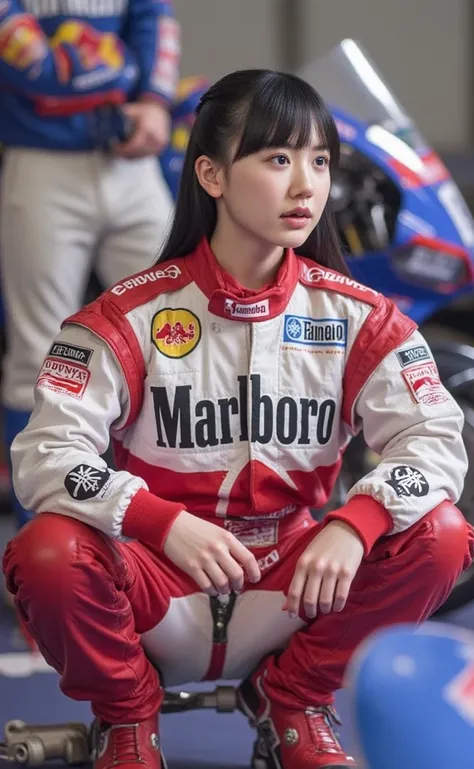  Marlboro Yamaha Racing Team Long Black Haired Busty Asian Woman Wearing a Marlboro Racing Suit。I'm wearing Marlboro racing wear、 crouching with crotch open、A busty Asian woman with long dark hair from the Marlboro Yamaha Racing Team who is thinking and co...