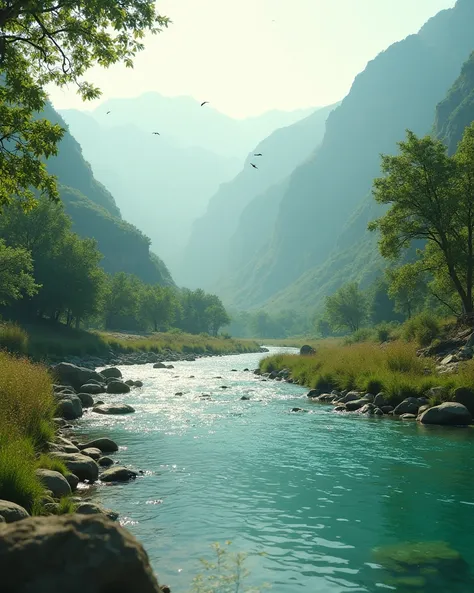 Creat a  video for 15 seconds of Pakistan vally water is flowing and wind is blowing 