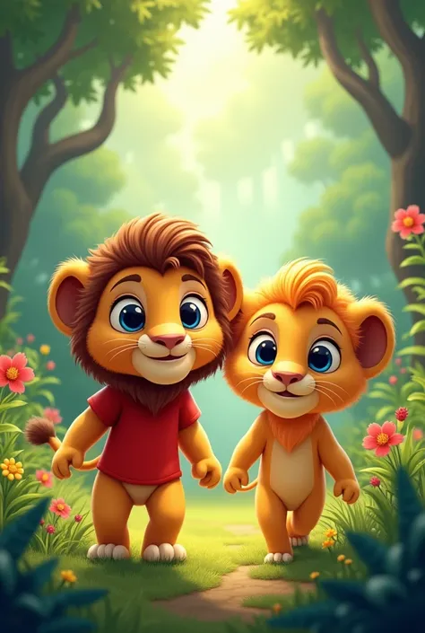 A pair of cute cartoon lion cubs, both with large fluffy manes and big blue eyes, are exploring a dense, vibrant jungle. One lion cub wears a red t-shirt, while the other has no shirt. They walk playfully through tall, green grass and colorful flowers, wit...