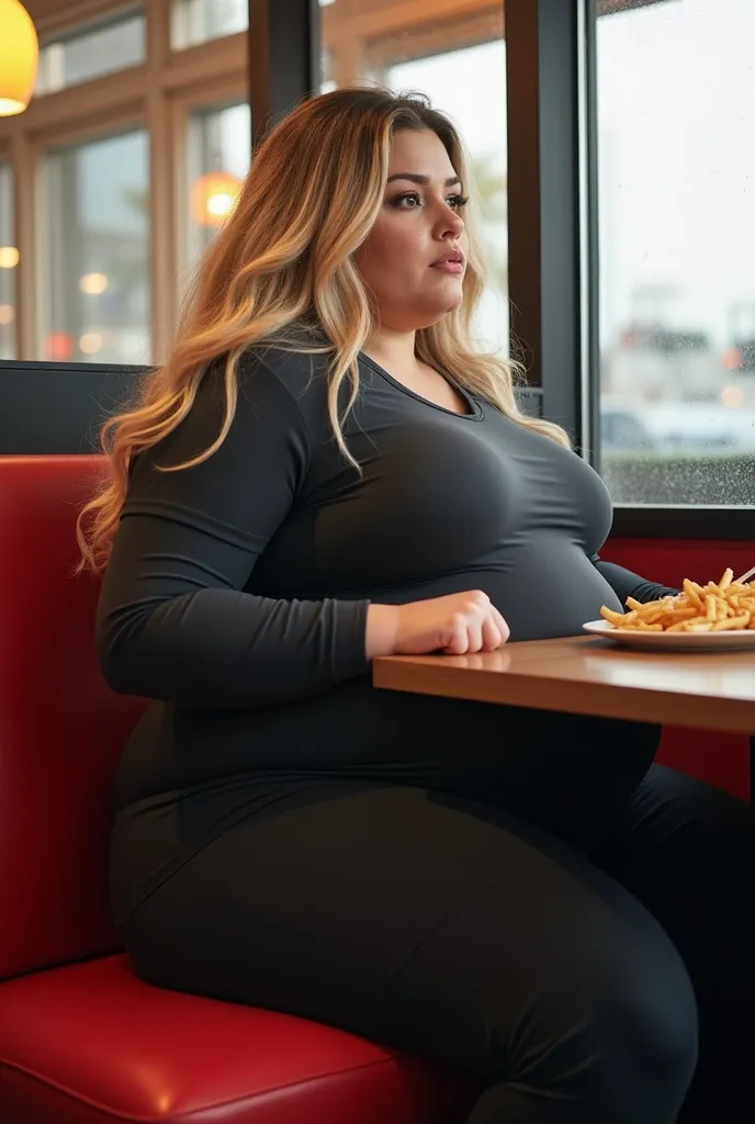 tall plus-size model wearing skin-tight activewear, sitting down in a fastfood restaurant booth, too fat to fit in the booth, belly pressed up against the booth table, side view, white woman, beautiful, massive body, morbidly obese, weighs 1000 lbs, extrem...