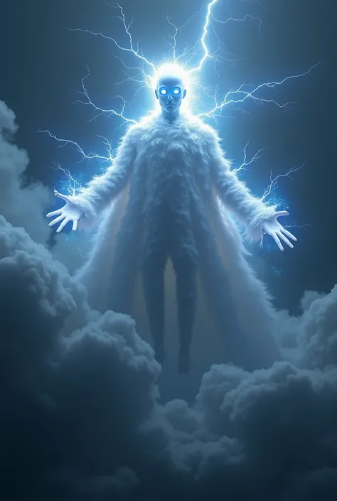 His form as he floated above the massive body of clustered storm clouds was pristine, arcs of Lightning creating a bright white humanoid form with simple limbs and a blank face, a thick coat made of dark storm clouds, every clumped cloud inched in a differ...