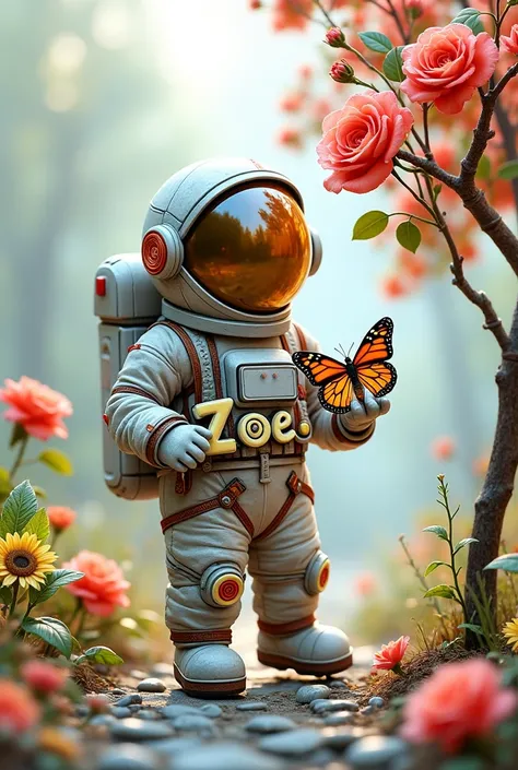  Fun and whimsical 3D glass image of a little astronaut holding a correctly spelled word "Zoe" in your hands,  with beautiful red roses and a monarch butterfly next to him . The astronaut wears a suit made of wire with flowers and wears his pretty,Hands c ...