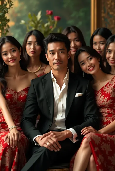 An Indonesian man sitting surrounded by some beautiful and sexy women