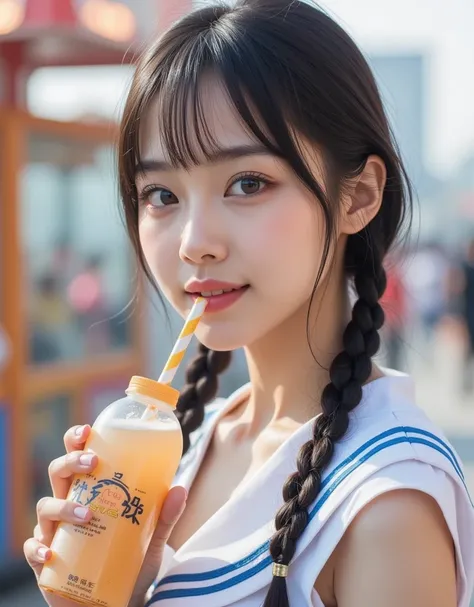 (A super cute Korean high school girl is drinking juice from a PET bottle:1.2)(Crying while laughing :1.2)(Big Breasts:1.1)(16k,  RAW photos ,  top quality, masterpiece: 1.2),(Glossy Black Hair Braids )  more details,  Super Resolution, (Genuine, Genuine p...