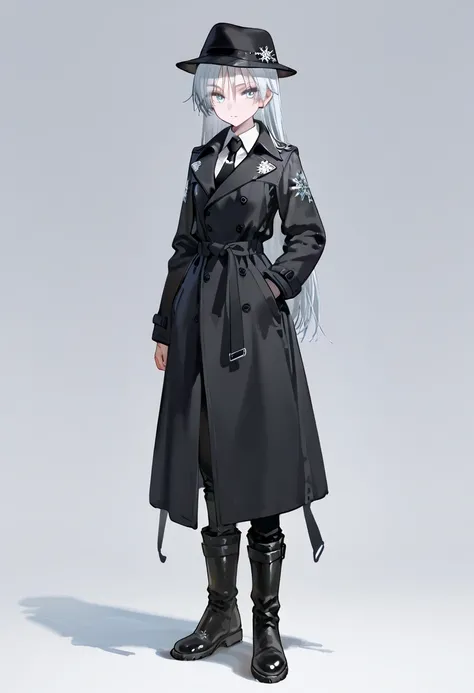 Skinny girl , small tits, light blue eyes, silver hair straight long hair , wearing a black long trench coat,Closed front trench coat, white shirt , black tie,black fedora hat ,,silver snowflake patches, Black Boots ,Tomboy, high resolution, top quality,ma...