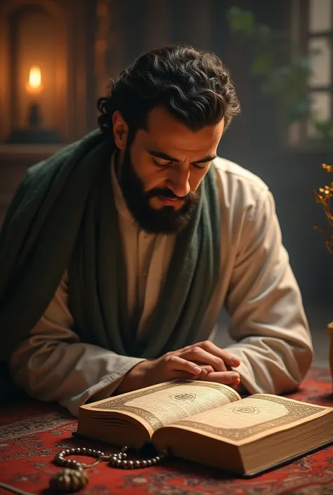 A Quran is placed nearby, representing a man connection to his faith.