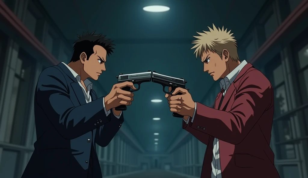 Two man point their gun at each other( stand-off ). Anime style