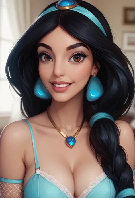 Princess Jasmine Lingerie azul,  Fishnet Socks ,  detailed eyes ,  detailed face,  perfect body,  big boobs,  perfectly highlight complex anatomical features.  SFX symbol complement the visual art , Engaging the viewer.  The level of detail is inspiring , ...