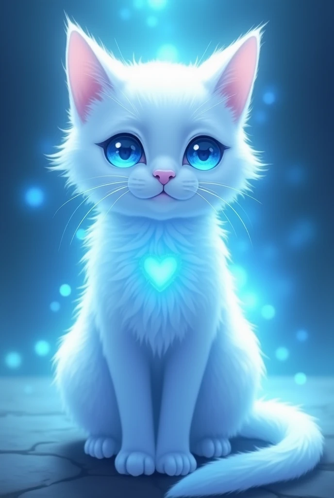 Mysterious white cat.  with blue eyes . With a beautiful appearance and a slim physique. Her coat glows blue.  Russa spirit of light .  anime style