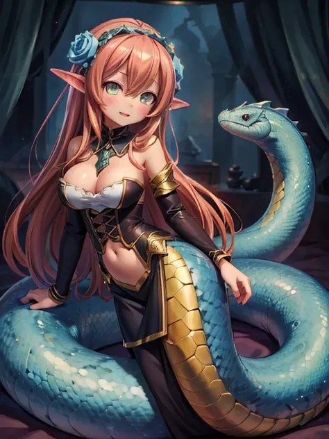 ( best quality: 1.3, masterpiece: 1.3), Lamia,  Compa, darkness, blue,  lamia, scales