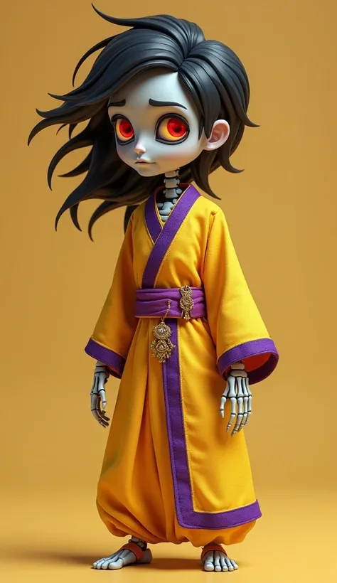 Prompt: "Create a surreal 3d character of a skeleton figure, elegantly styled wearing a traditional Indian genji in bright yellow with a purple border. The 3d character is a  boy, with flowing black hair, bright red eyes and bony hands and arms, with skele...