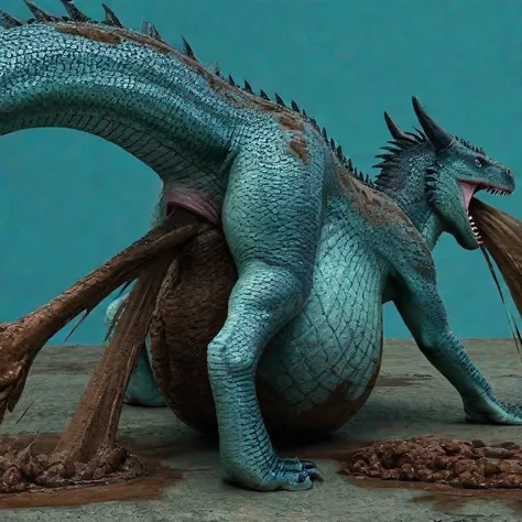  "masterpiece, best quality, absurdres, realism, photorealism, 1boy, solo, feral dragon, (((((blue scales, feral dragon, rear view, excessive horizontal cloaca projectile feces, excessive projectile feces, leg up, feces on crotch, feces on legs, projectile...