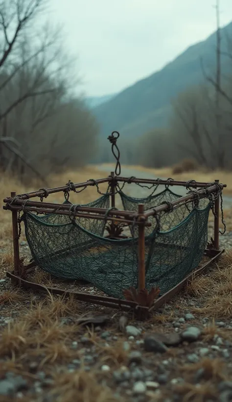 Poacher's trap snapping shut on an empty area, camera tight on the net 