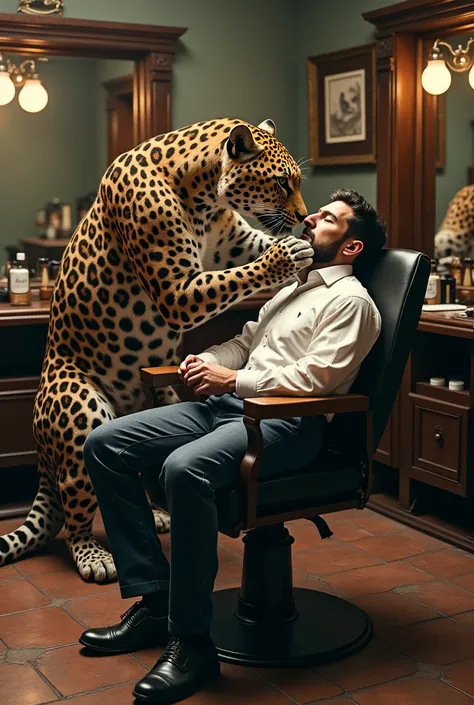 generate picture of man in barbershop who is shaved by gepard by his claw