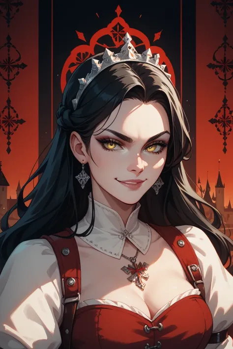  A pale beautiful woman with yellow eyes,   very pale white skin  ,   long straight black hair .  smirk .   Sharp facial features  .  A woman would be dressed in black .  contrasting colors , clear chiaroscuro , on a medieval castle in a black and red pale...