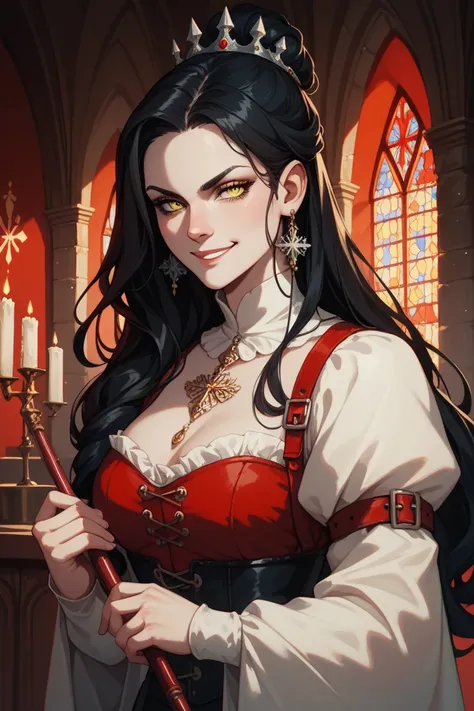  A pale beautiful woman with yellow eyes,   very pale white skin  ,   long straight black hair .  smirk .   Sharp facial features  .  A woman would be dressed in black .  contrasting colors , clear chiaroscuro , on a medieval castle in a black and red pale...