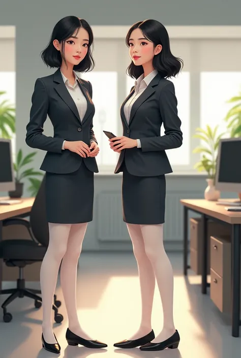 2 Chinese ladies in their 20s at the office wearing white pantyhose, Mary Jane flats, business attire