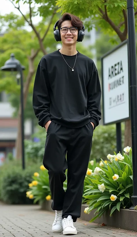 the best professional photography, hyperrealistic, high saturation, ultra hd 8k, a handsome youngman mix asian man ,smiling,sweetly, glowing white skin, wearing a loose black big headphone, a brigh tblack long-sleeved shirt, bright loose black jeans and wh...