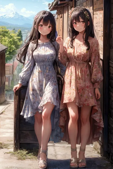 Masterpiece, best quality) 2 girls friends long hair, floral long formal dress, outdoors, mountain town, full body, smilling