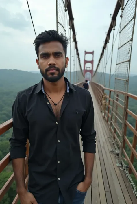 there is a man standing on a balcony with a black shirt, jayison devadas, by Max Dauthendey, vastayan, photo taken in 2 0 2 0, jayison devadas style, connected with hanging bridge!!, around 1 , inspired by Saurabh Jethani, by Shekhar Gurera, by Odhise Pask...