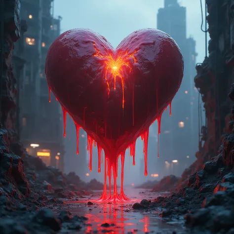 "A bleeding heart-shaped structure embedded in a ruined cyberpunk skyline, oozing glowing paint-like streaks of orange, red, and violet. The background is distorted with jagged architecture, reflecting a city consumed by sorrow and decay."
