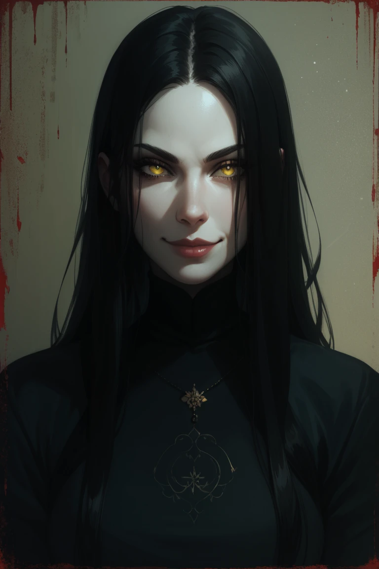  A pale beautiful woman with yellow eyes,   very pale white skin  ,   long straight black hair .  smirk .   Sharp facial features  .  A woman would be dressed in black .  Contrasting colors , clear chiaroscuro ,  on a medieval castle in a black and red pal...