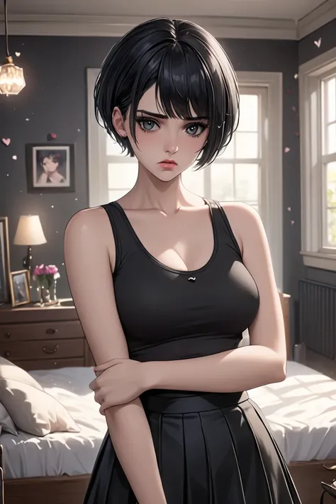 (masterpiece, best quality, 8k, high definition), whole body, 1 woman, black pixie cut, mid-chest, dark grey eyes, soft lips, beautiful face, wearing a black tanktop and tight black skirt, natural light, detailed background, Detailed Illustration Art, stan...