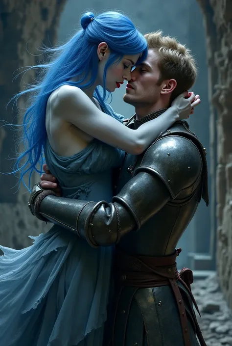 transparent ghost Blue Hair, grey blue ripped dress kissing a knight by knight